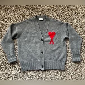 AMI Gray Cardigan Sweater with Red Heart